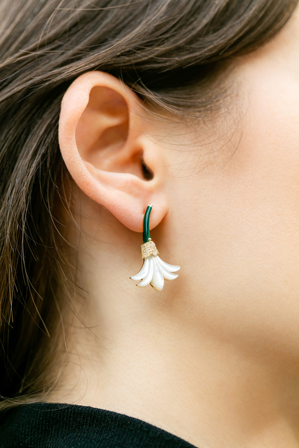 Psychedeliah Large Earrings, 18k Yellow Gold with Diamonds, Mother of Pearl & Malachite